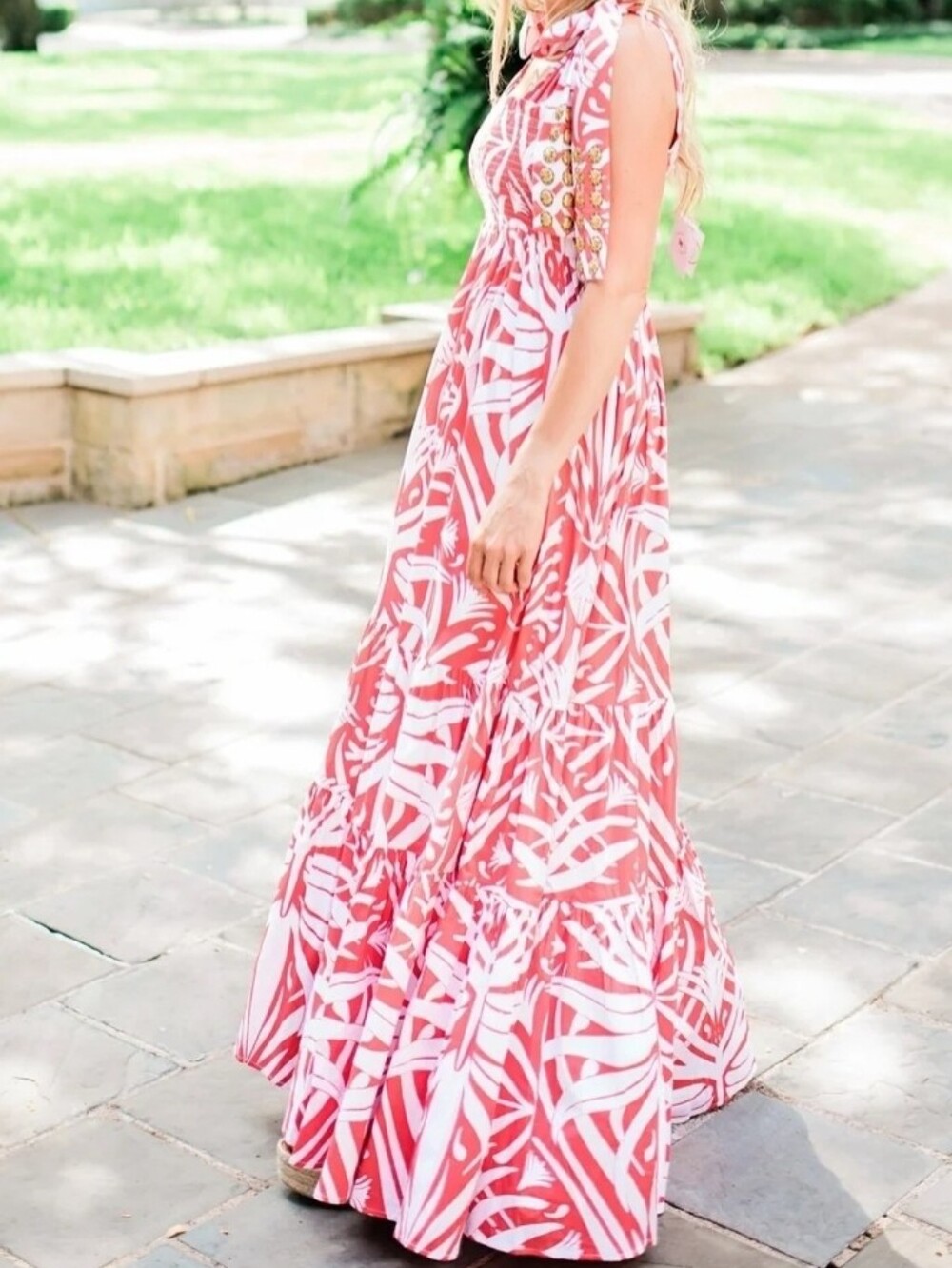 Sheridan French Kelly Dress Coral Boho Leaf Smocked Tie Shoulder Maxi Dress
